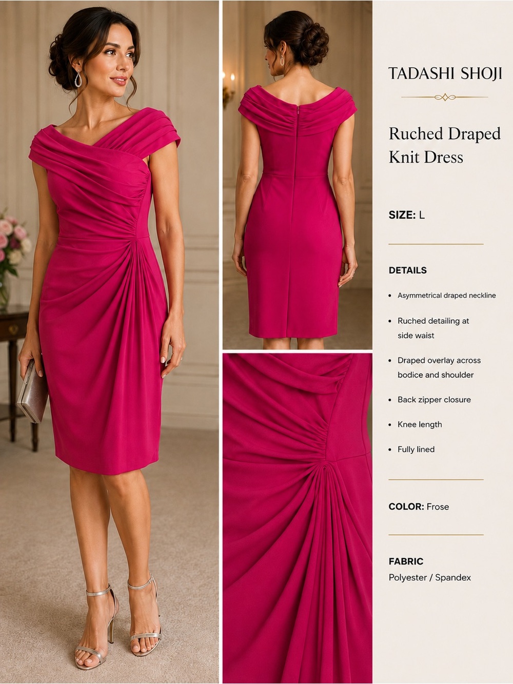 Tadashi Shoji Frose Draped Ruched Midi Dress